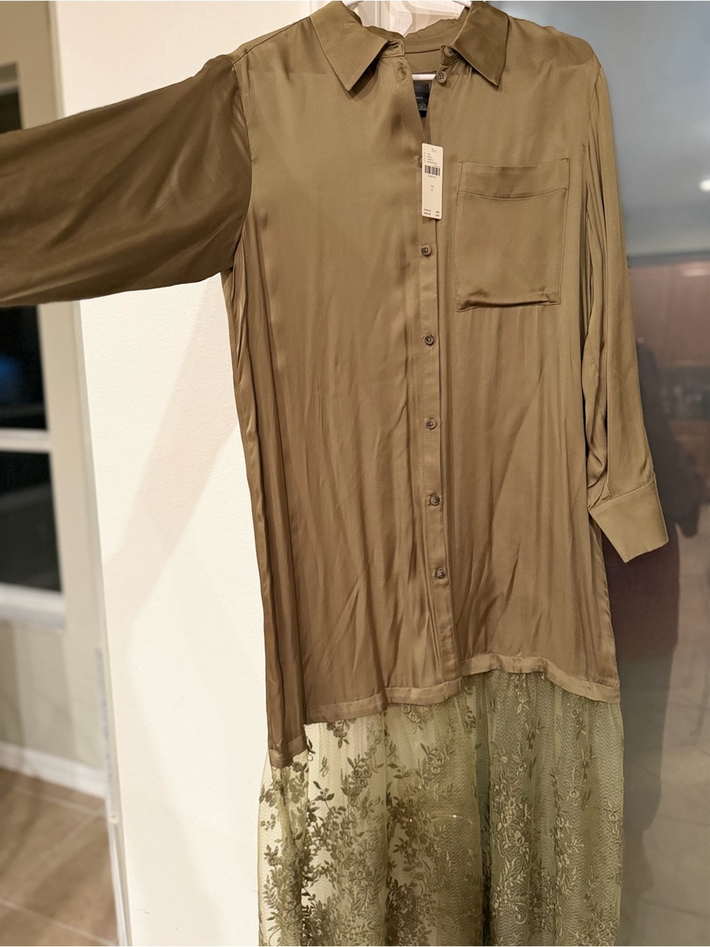 Anthropologie Olive Satin Button-Down Tunic with Lace Panel